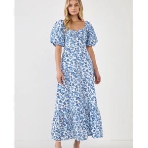 Free The Roses Floral Puff Sleeve Open Back Maxi Dress Womens XS Cottagecore